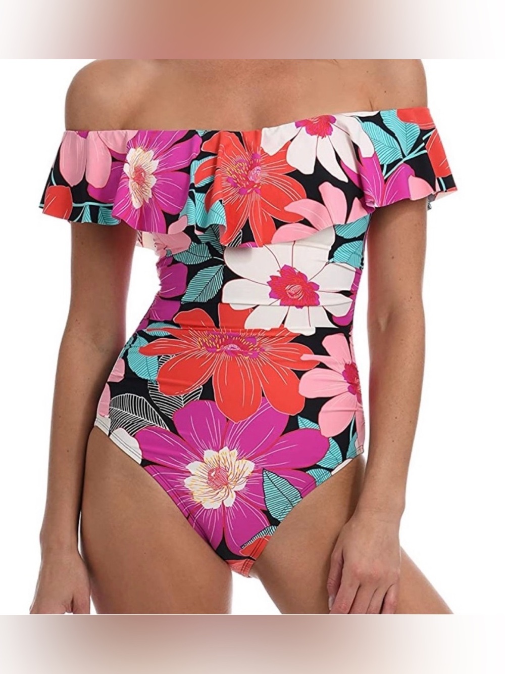 La Blanca In Full Bloom off shoulder ruffle one piece swimsuit resort sz 16 NWT